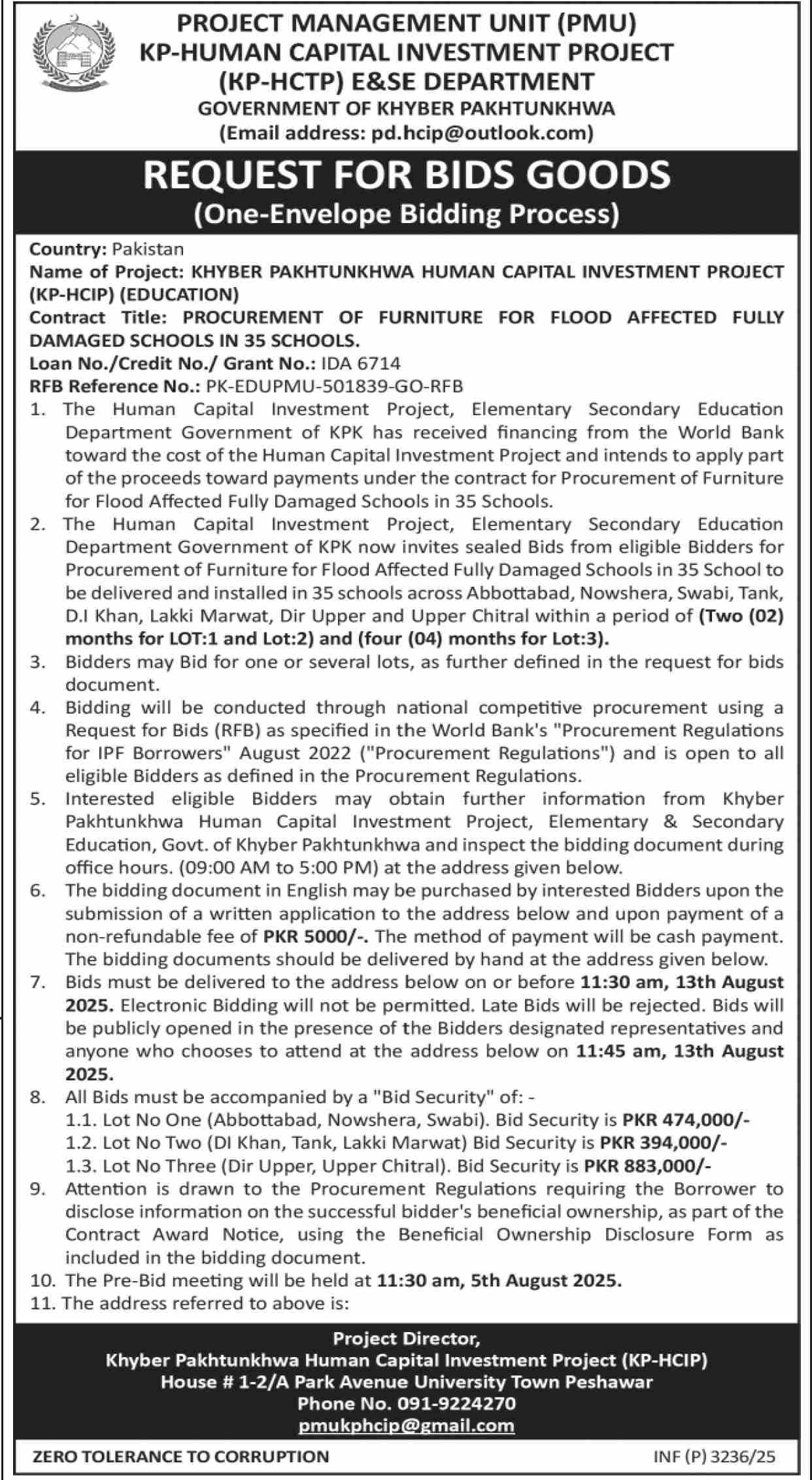 KP-Human Capital Investment Project Peshawar Tender Notice